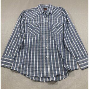 VTG Plains Western Wear Pearl Snap Western Shirt M Blue Plaid Long Sleeve Cowboy